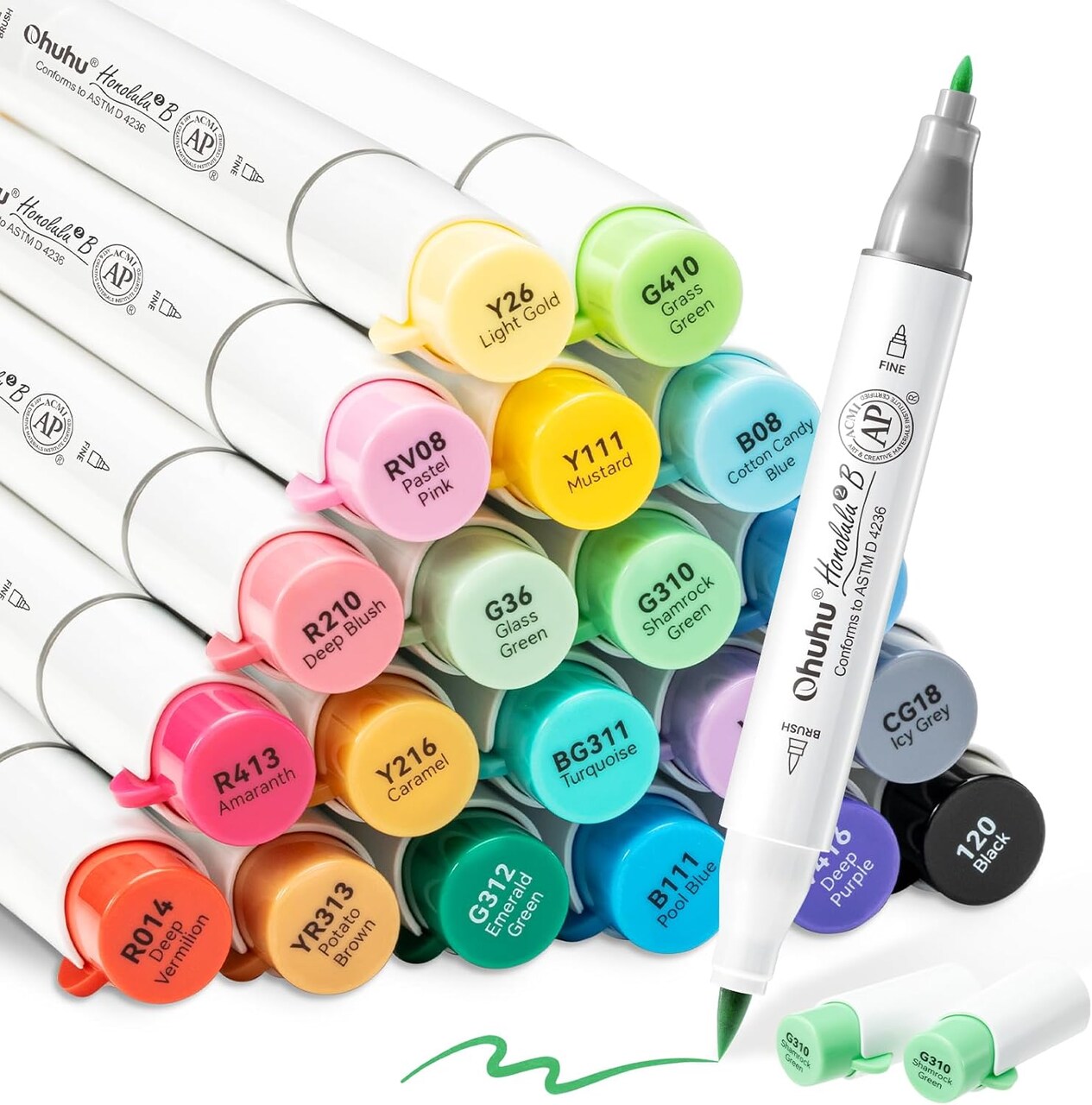 Ohuhu Alcohol Markers Brush Tip, AP Certificated 24 Basic Colors Double Tipped Alcohol Based Art Marker Set for Artist Sketching Adult Coloring Illustration - Brush and Chisel/ Brush & Fine Dual Tips - Honolulu 2/ Honolulu 2B